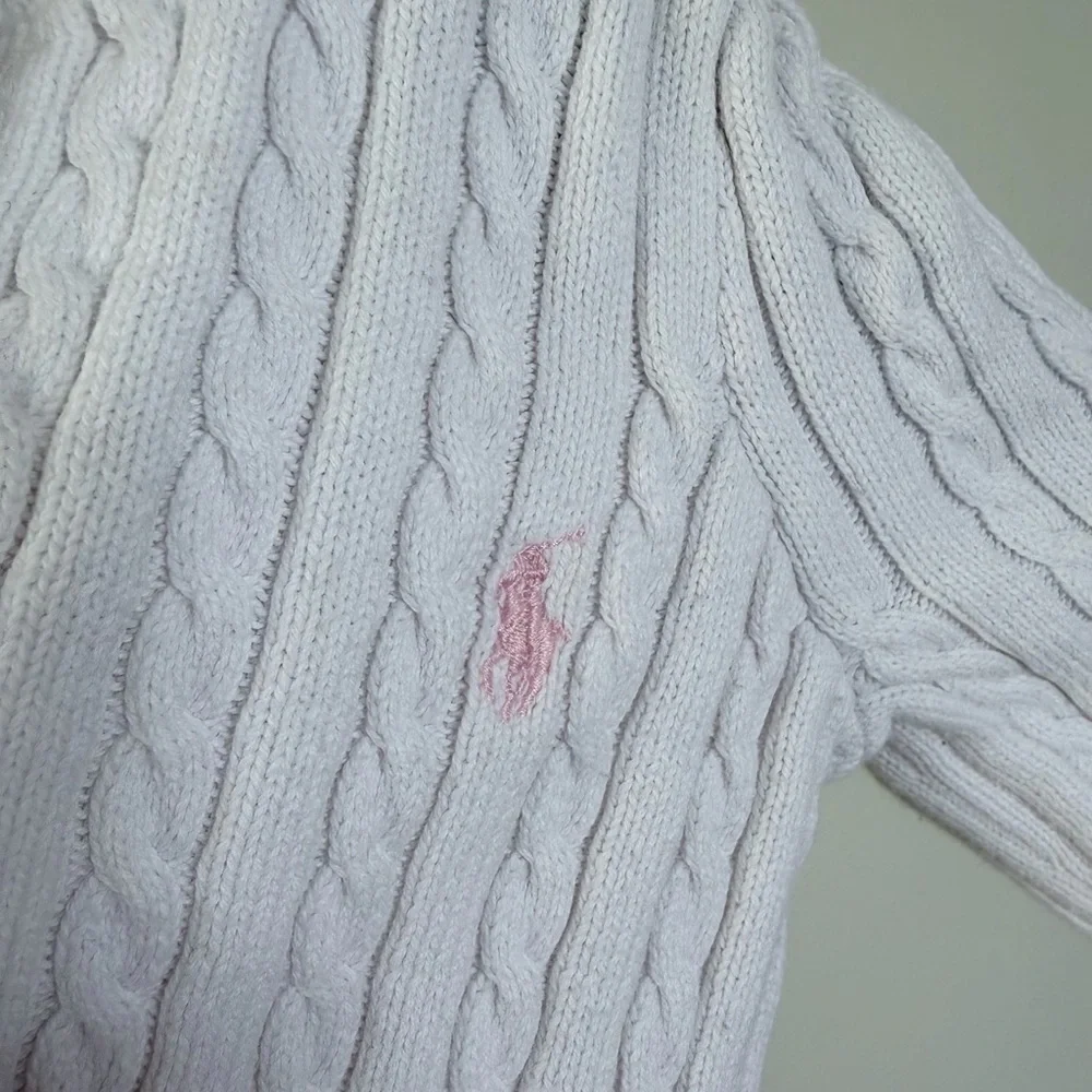 Ralph Lauren Cream Cable-Knit Button Cardigan with Pink Pony